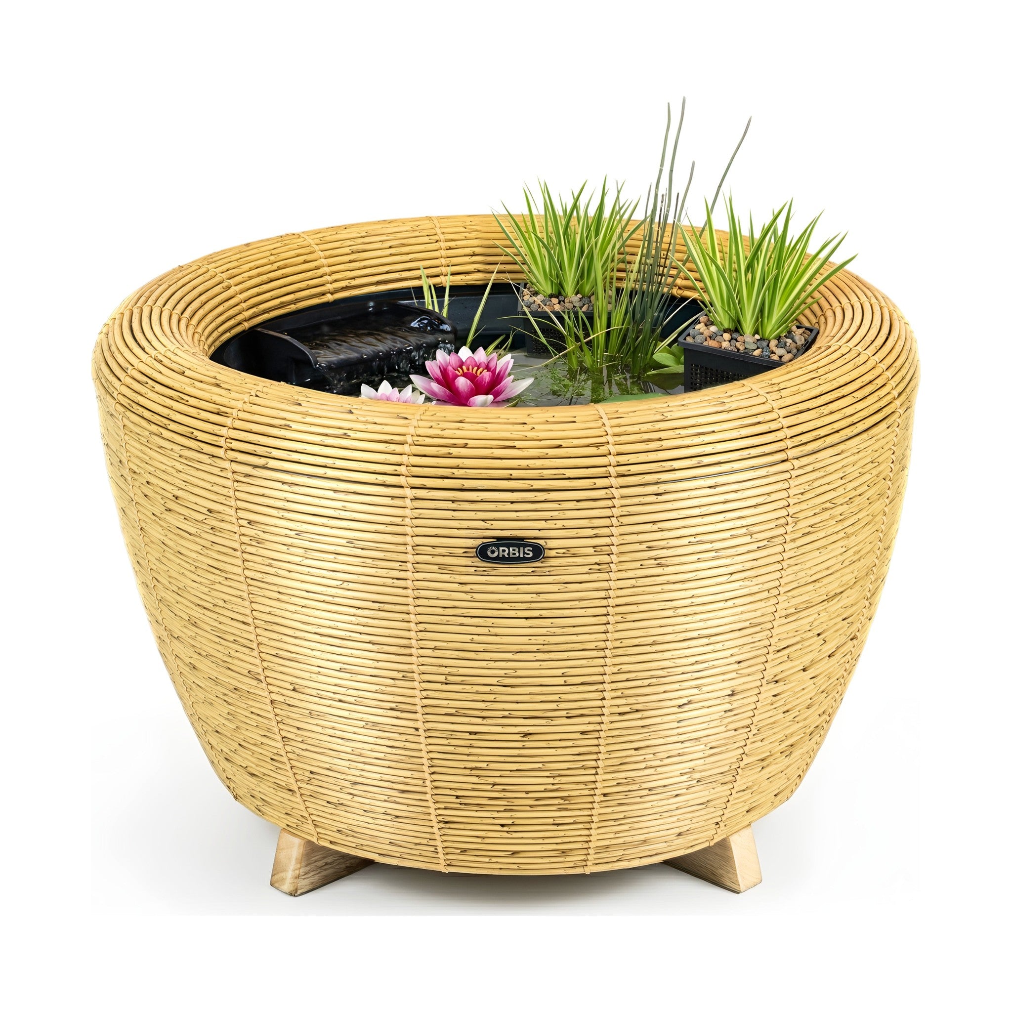 Velda Orbis Mini-Teich mit Wasserfall – Miniteich im Korb mit Pumpe und Wasserfall